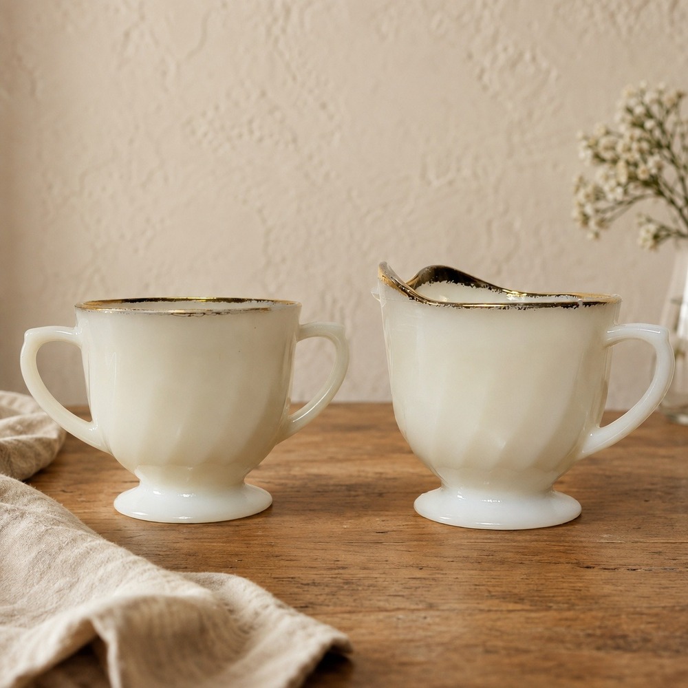 Vintage Fire King Golden Anniversary Creamer Sugar Bowl Ivory Milk Glass Set